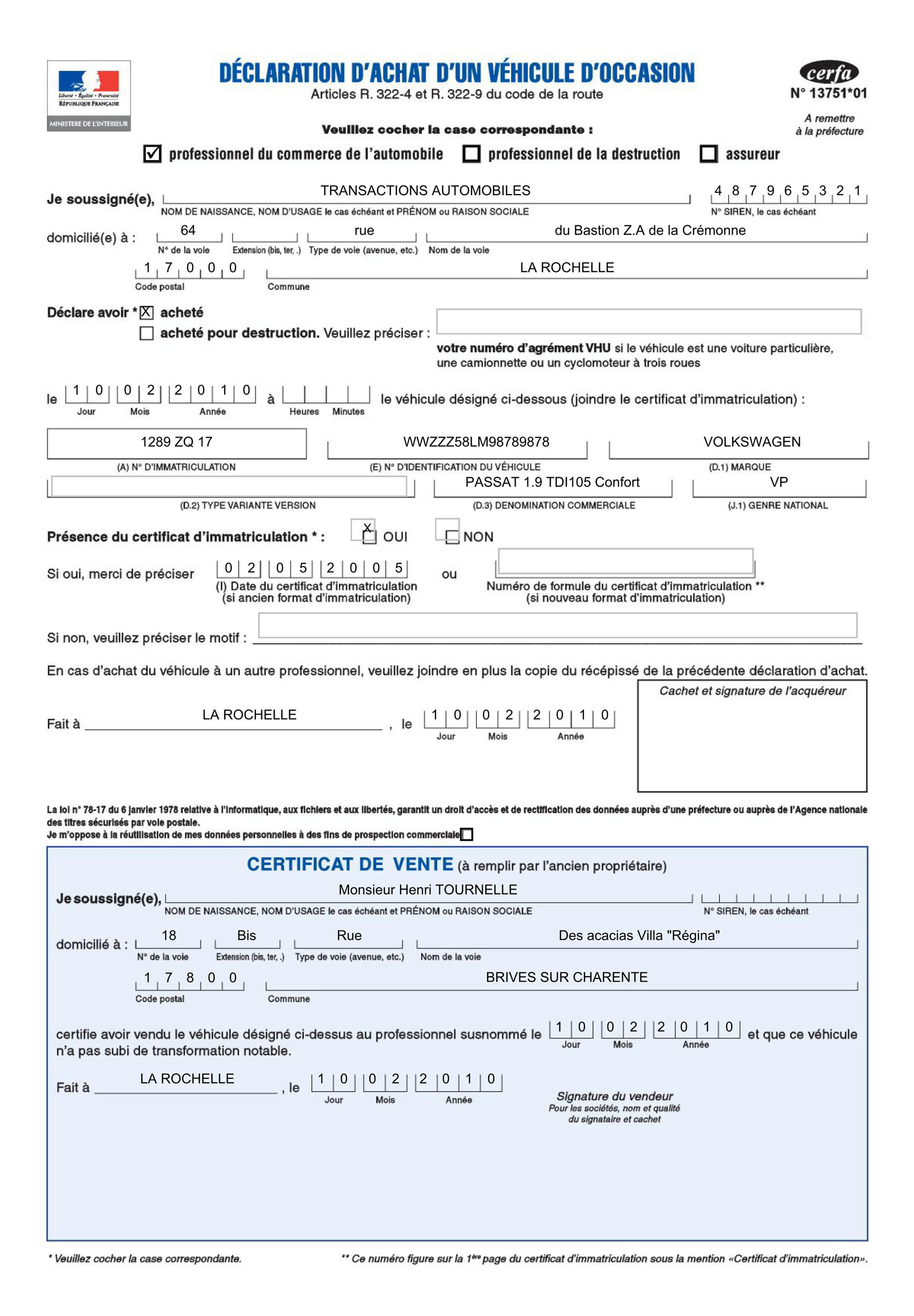 Certificat de cession à remplir